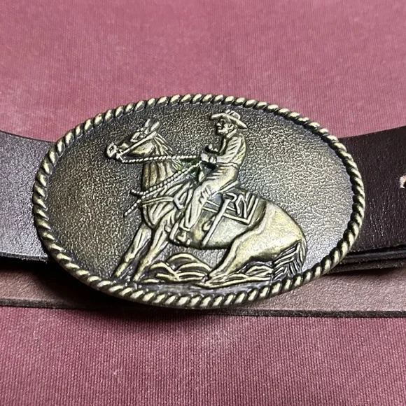 western • leather belt brass interchangeable buckle cowboy horse vintage-style - Picture 2 of 6
